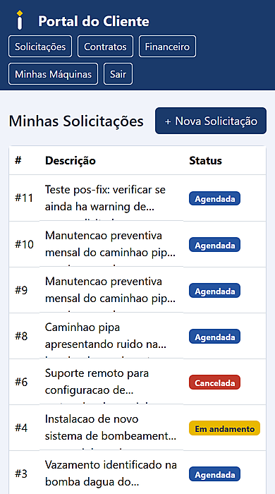 Portal do Cliente do InsightERP no celular, mostrando as solicitações de serviço e o status de cada uma